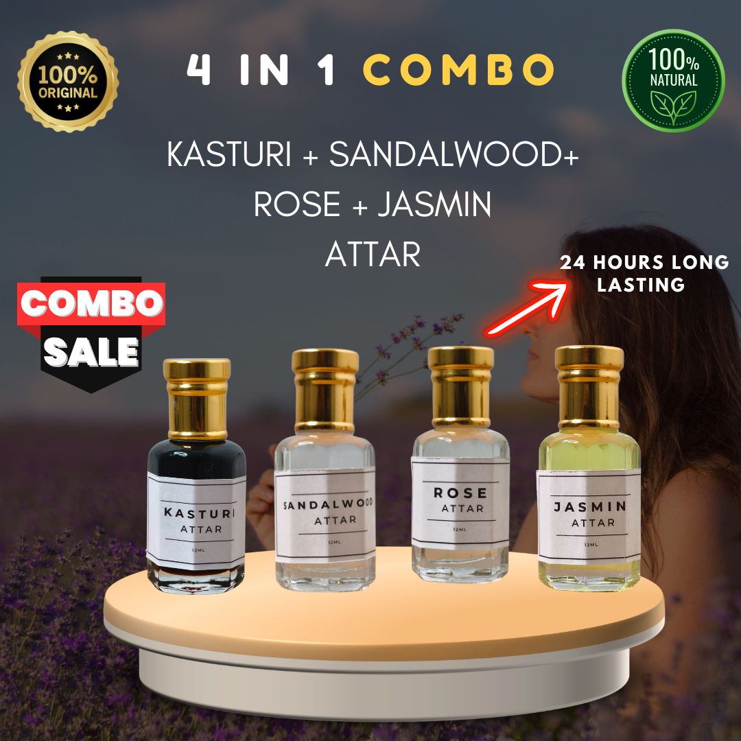 Exclusive 4-in-1 Attar Set – Kasturi, Sandalwood, Jasmine & Black Rose