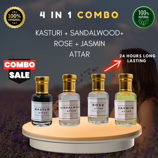 Exclusive 4-in-1 Attar Set – Kasturi, Sandalwood, Jasmine & Black Rose